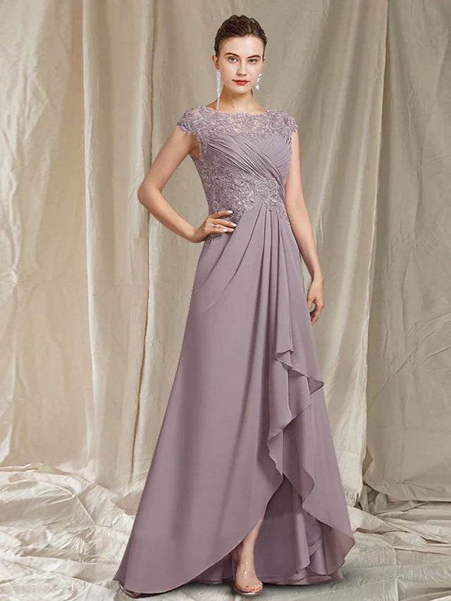 Wholesale A-Line Mother of the Bride Dress Elegant Jewel Neck Asymmetrical Floor Length Chiffon Lace Short Sleeve with Pleats Sequin Appliques